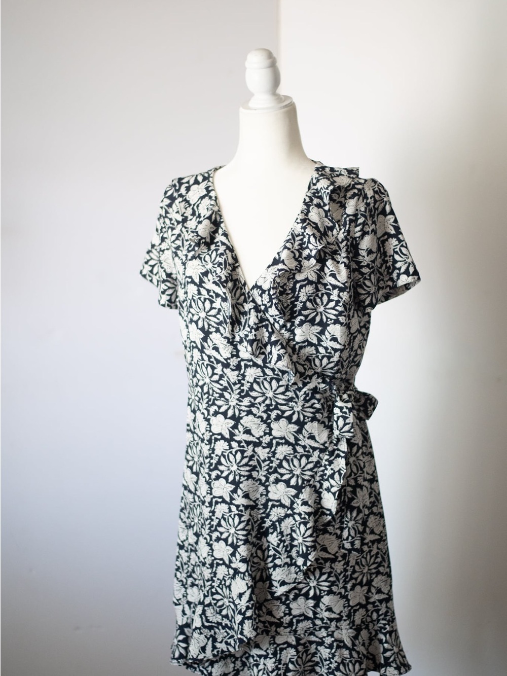 LOFT Black and Cream Floral Wrap Dress
